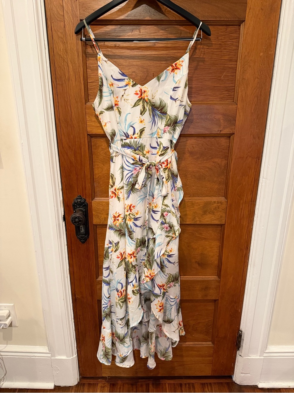Floral Ruffle Maxi Dress in White with Tropical Print
